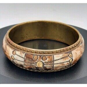 Vtg Bone / Brass Inlay Bangle Bracelet Indian Boho Tribal Engraved Cuff 1960s